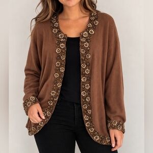 VTG JUST B Brown Floral Glass Beaded Coquette Cardigan Sweater XL